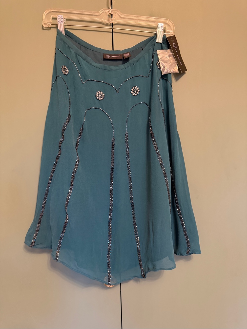 Nwt Context Teal Blue 100% Silk VTG Beaded Floral Midi Skirt Womens Size 2
